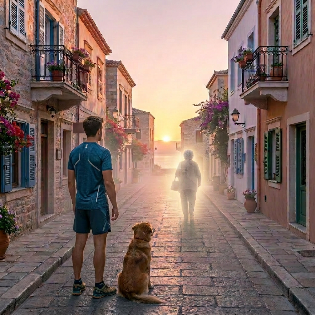 Man watching an elderly woman surrounded by a glowing aura walking with a cane on a cobblestone street at sunset
