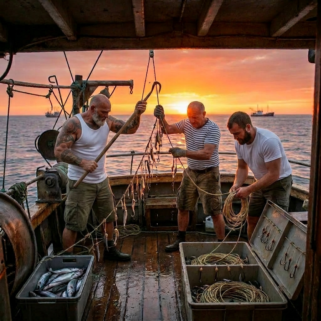 Three fishermen on a boat handling fish and a net at sunset